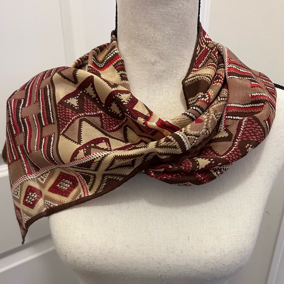 Oscar de la Renta Red and Brown Silk Geometric Scarf - Picture 1 of 5